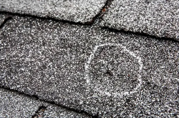 Chalk circle marking a suspected hail impact on asphalt roofing shingles